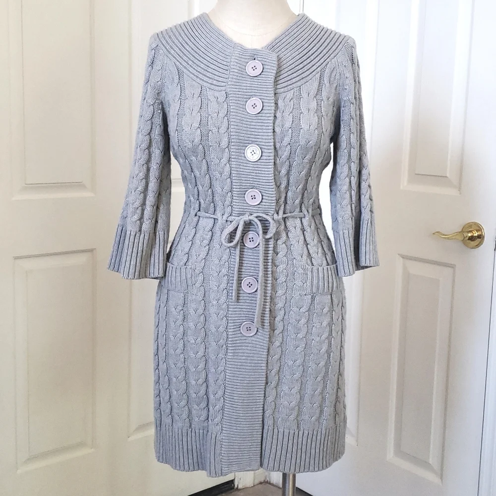 The LIMITED Gray Chunky Cable Knit Belted Cardigan | Long Line Duster | SMALL